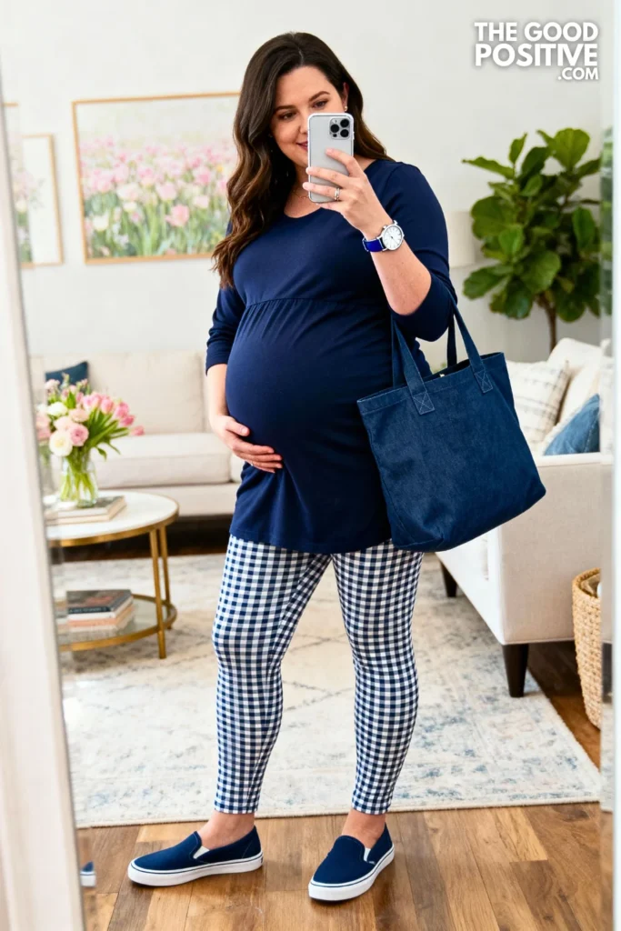 Plus Size Navy Maternity Tunic with Gingham Maternity Leggings Outfit