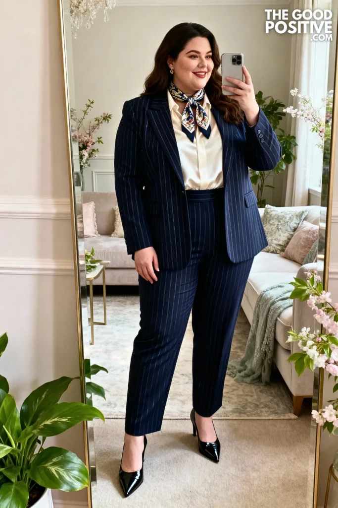Plus Size Navy Pinstripe Trouser Suit with Silk Scarf Outfit
