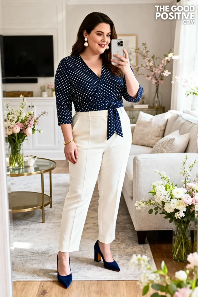 Plus Size Navy Polka Dot Wrap Top and Trousers Outfit
