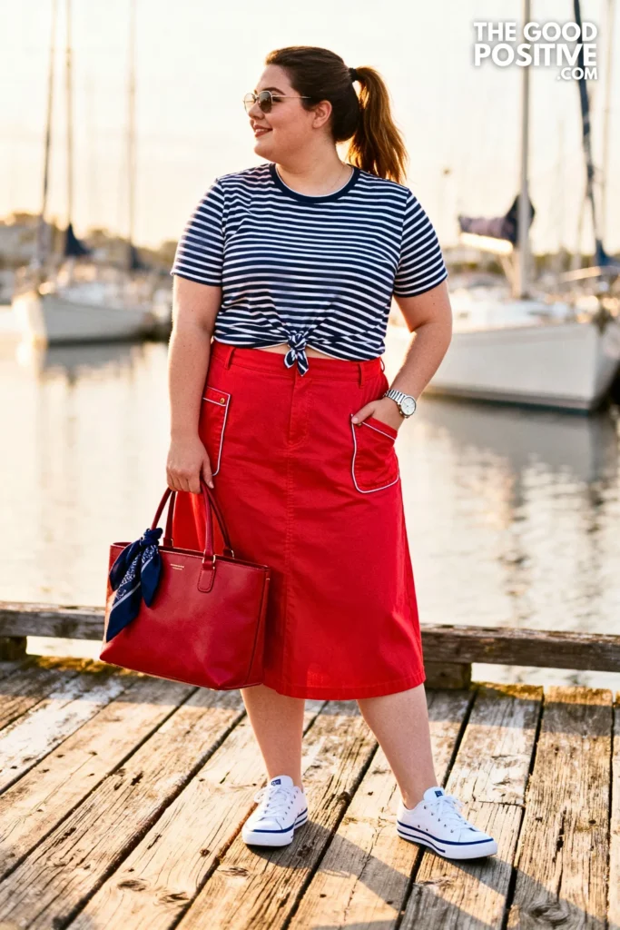 Plus Size Navy Striped T-Shirt and Red Midi Skirt Outfit