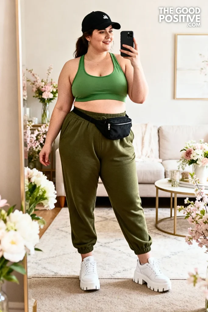 Plus Size Neon Green Sports Bra With Army Green Joggers Outfit