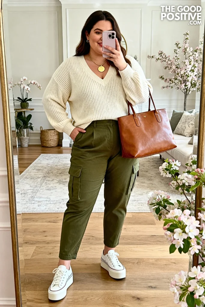 Plus Size Olive Green Cargo Pants and Cream Knit Sweater Outfit