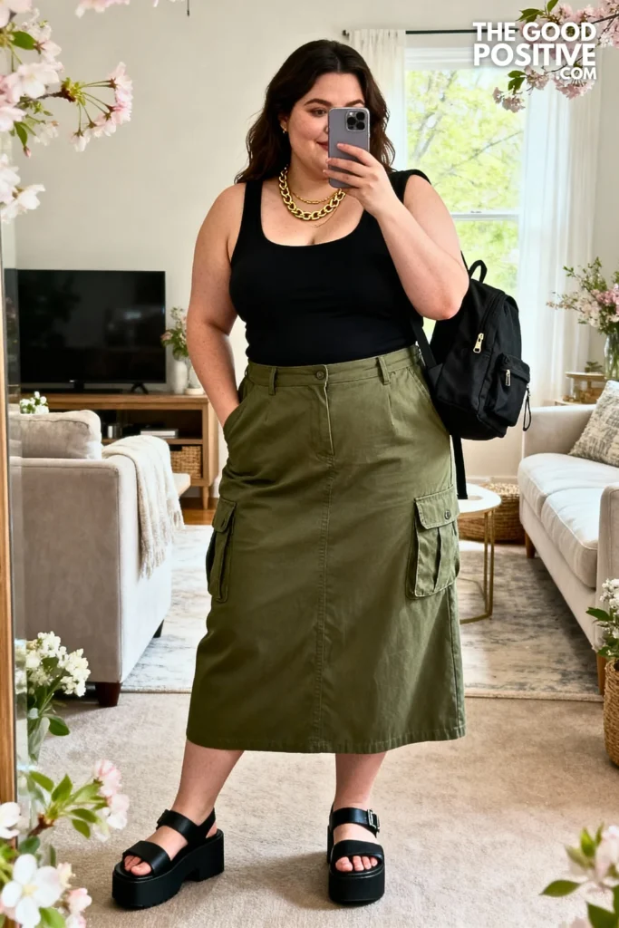 Plus Size Olive Green Cargo Skirt With Black Tank Outfit