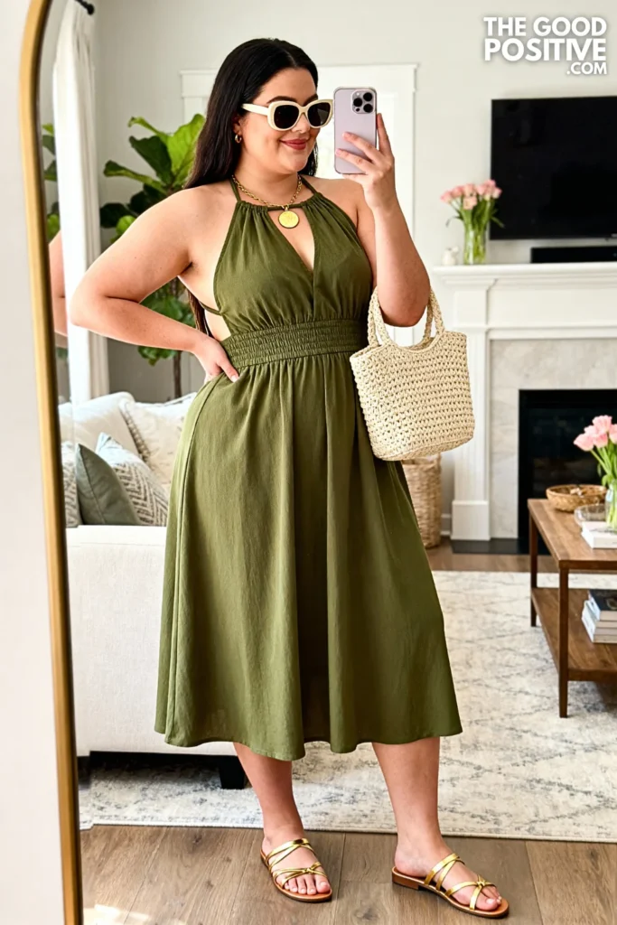 Plus Size Olive Green Halter Midi Dress Outfit