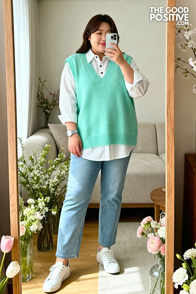 Plus Size Oversized Mint Green Knit Vest Layered Over Crisp White Cotton Blouse Outfit