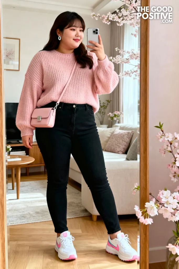 Plus Size Pale Pink Oversized Sweater With Black Jeans And Colorful Sneakers Outfit