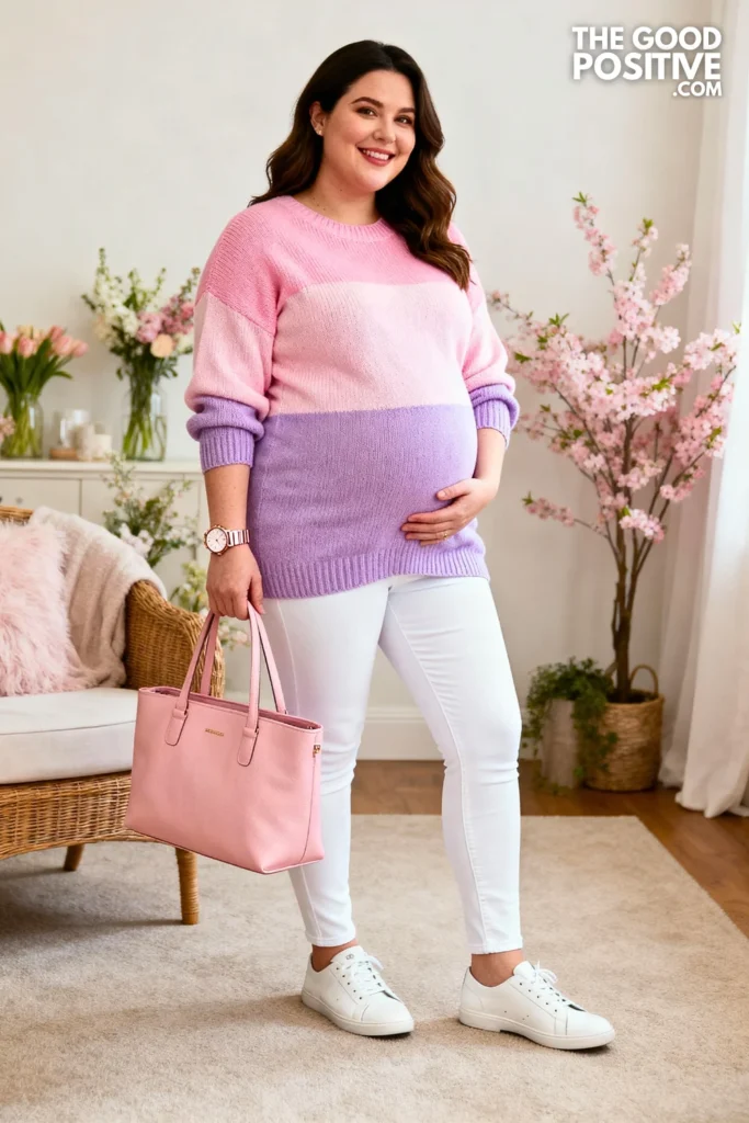 Plus Size Pastel Color-Block Knit Sweater and White Maternity Jeans Outfit