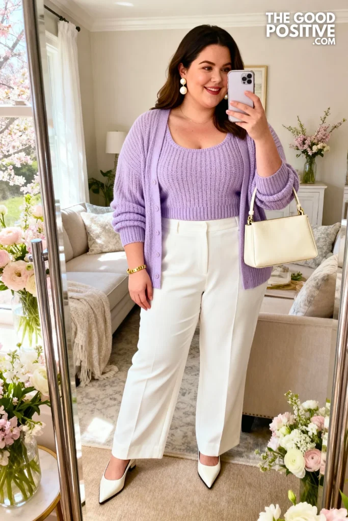 Plus Size Pastel Sweater Set With Tailored Trousers Outfit