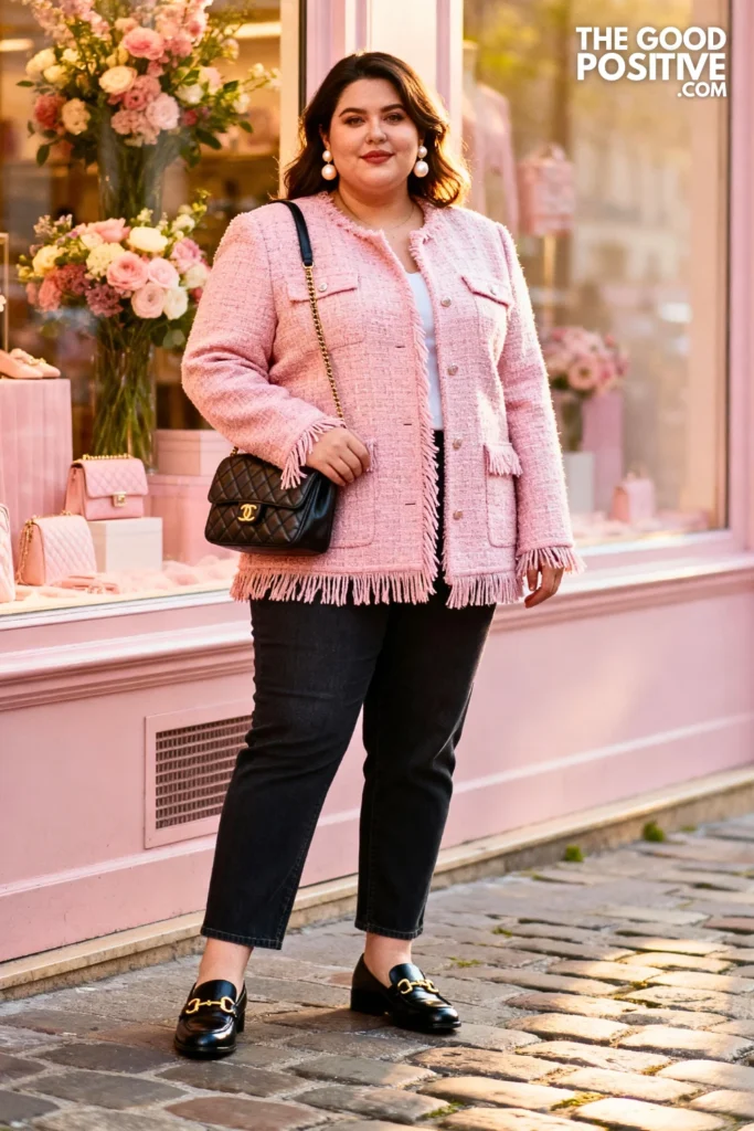 Plus Size Pastel Tweed Jacket With Straight Leg Jeans Outfit