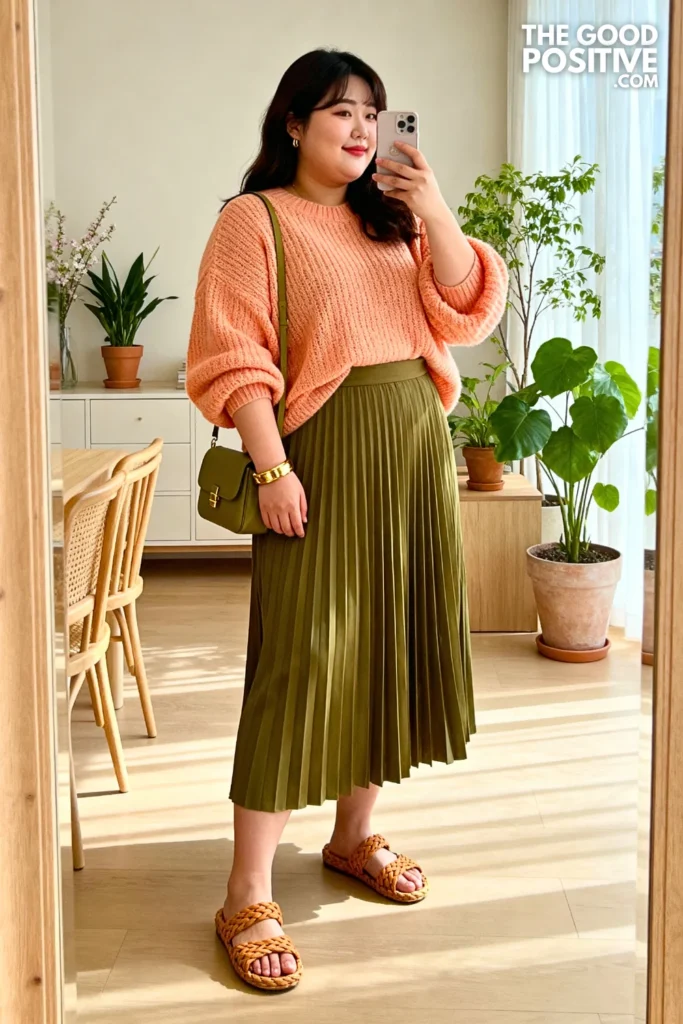 Plus Size Peach Knit Sweater With High-Waisted Olive Green Pleated Skirt Outfit