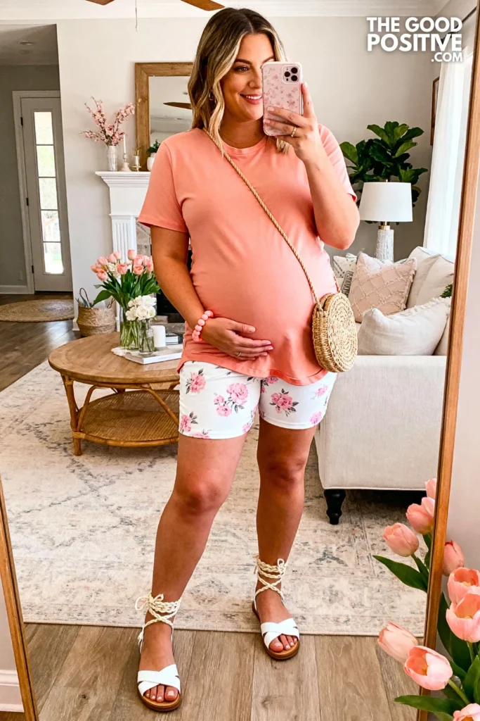Plus Size Peach Maternity T-Shirt with Printed Maternity Shorts Outfit