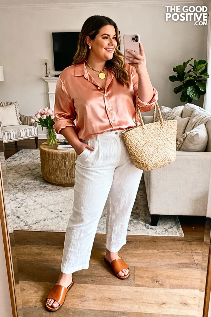Plus Size Peach Silk Blouse and White Linen Pants Outfit