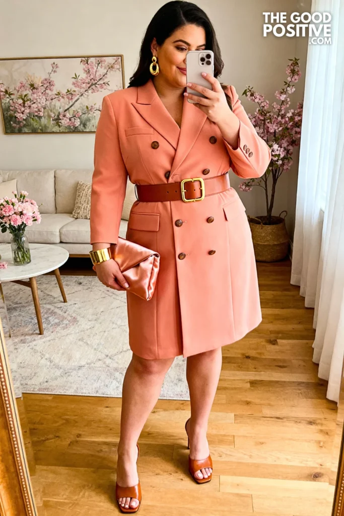 Plus Size Peach Structured Blazer Dress With Statement Belt Outfit