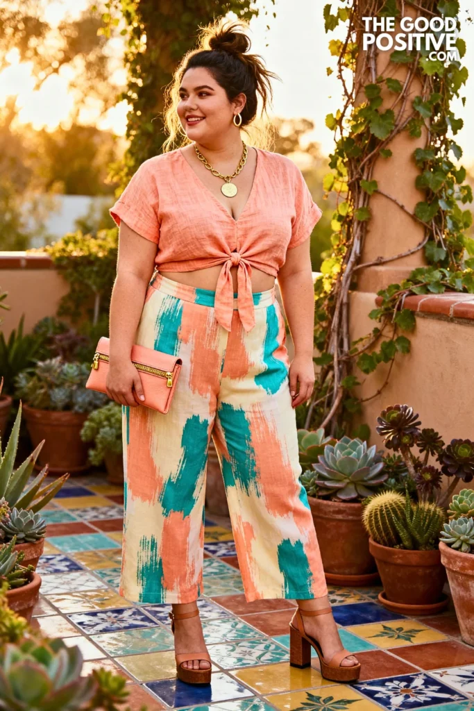 Plus Size Peach Tie-Front Crop Top and Printed Pants Outfit