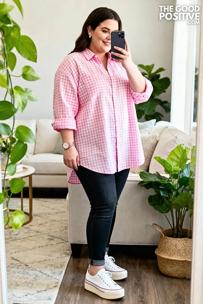 Plus Size Pink Gingham Button-Up Shirt and Jeans Outfit