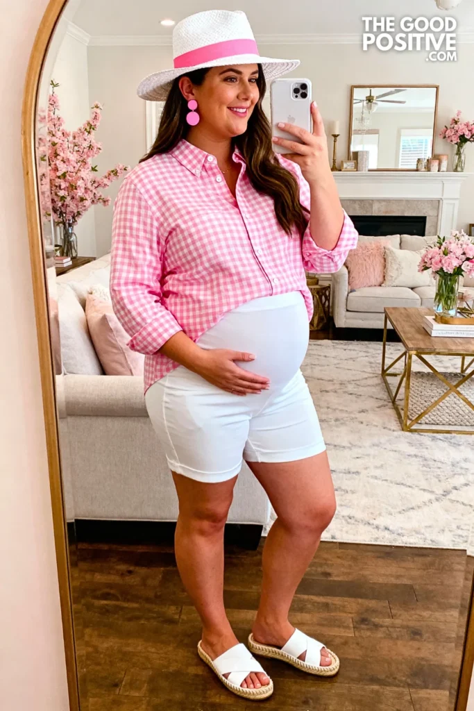 Plus Size Pink Gingham Maternity Button-Up with White Maternity Shorts Outfit