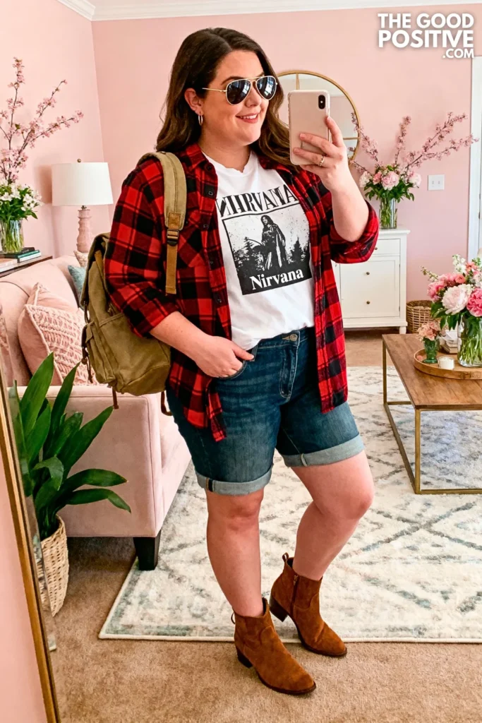 Plus Size Plaid Shirt Tied Over Graphic Tee With Jean Shorts Outfit