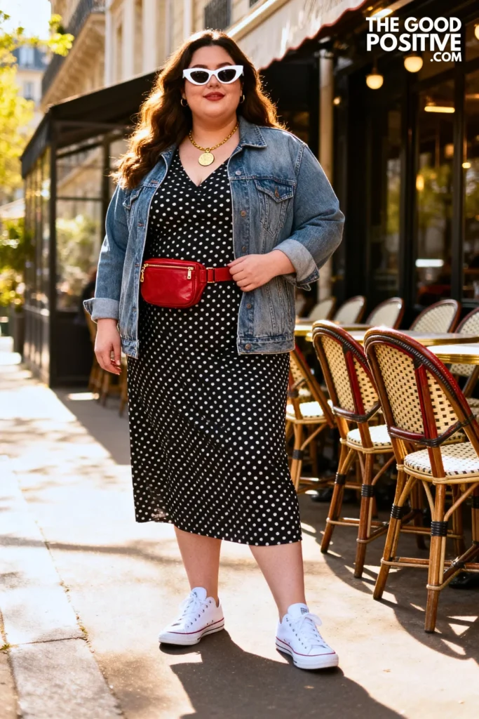 Plus Size Polka Dot Midi Dress With Denim Jacket Outfit
