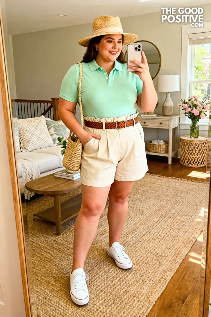 Plus Size Polo Shirt With Paper Bag Waist Shorts Outfit
