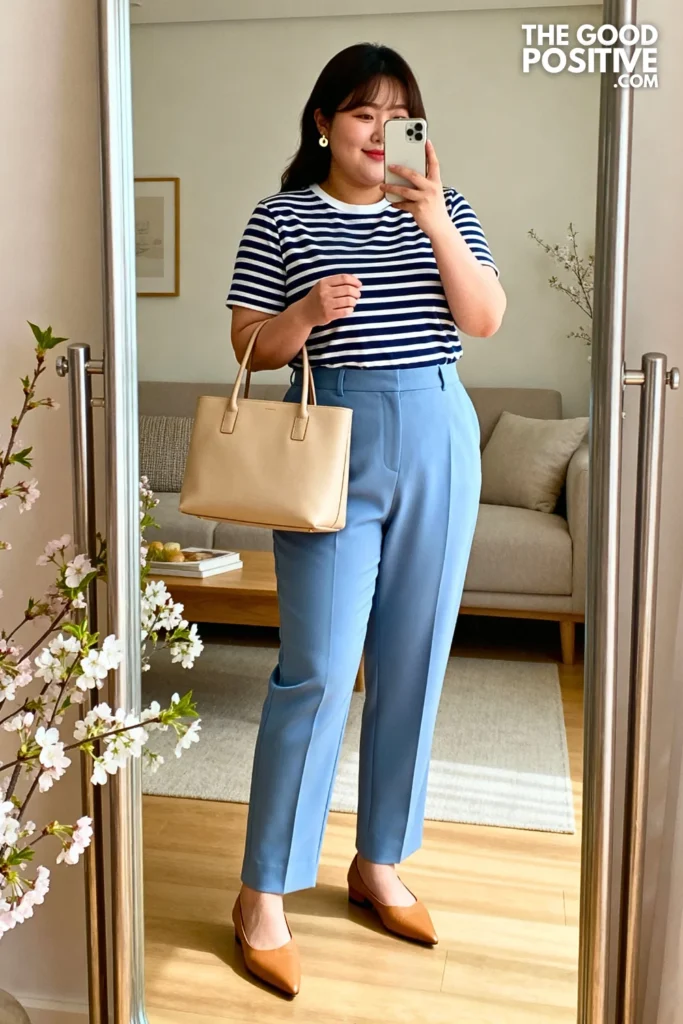 Plus Size Powder Blue Tailored Trousers With Striped Cotton Tee Outfit