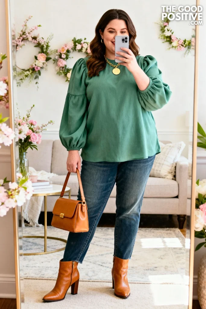 Plus Size Puff Sleeve Blouse With Straight Leg Jeans Outfit