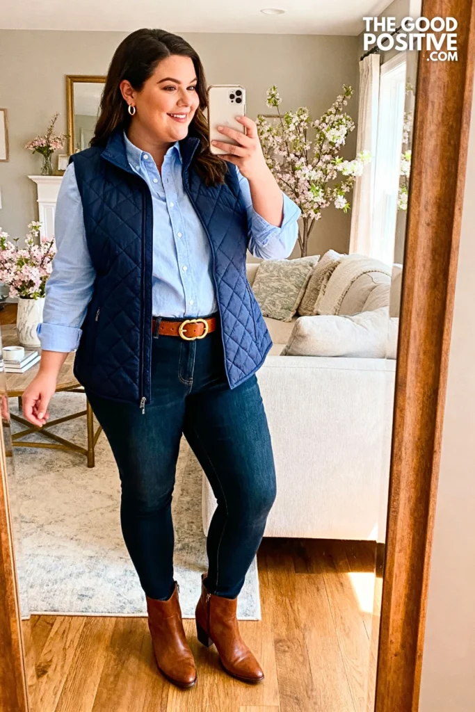 Plus Size Quilted Vest With Oxford Shirt Outfit