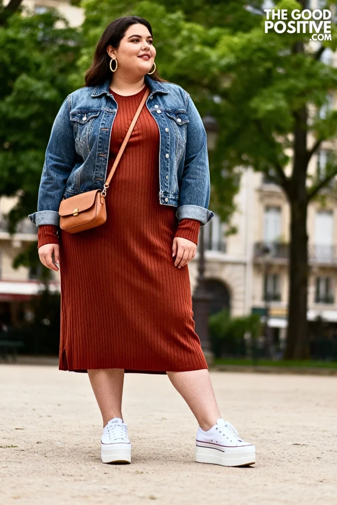 Plus Size Ribbed Dress with Denim Jacket Outfit