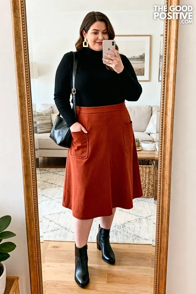 Plus Size Rust Orange Midi Skirt With Black Turtleneck Outfit