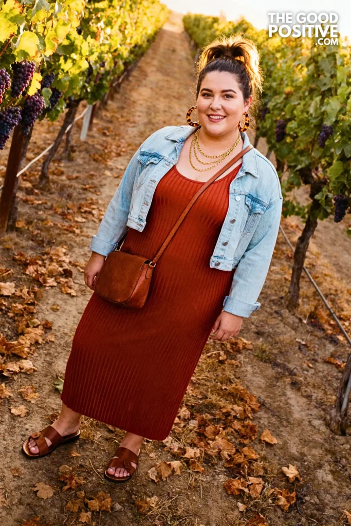 Plus Size Rust Orange Tank Dress with Denim Jacket Outfit