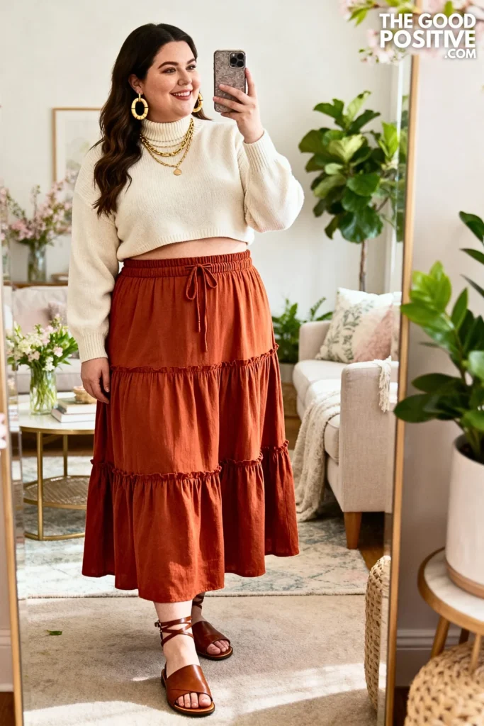 Plus Size Rust Orange Tiered Maxi Skirt Outfit