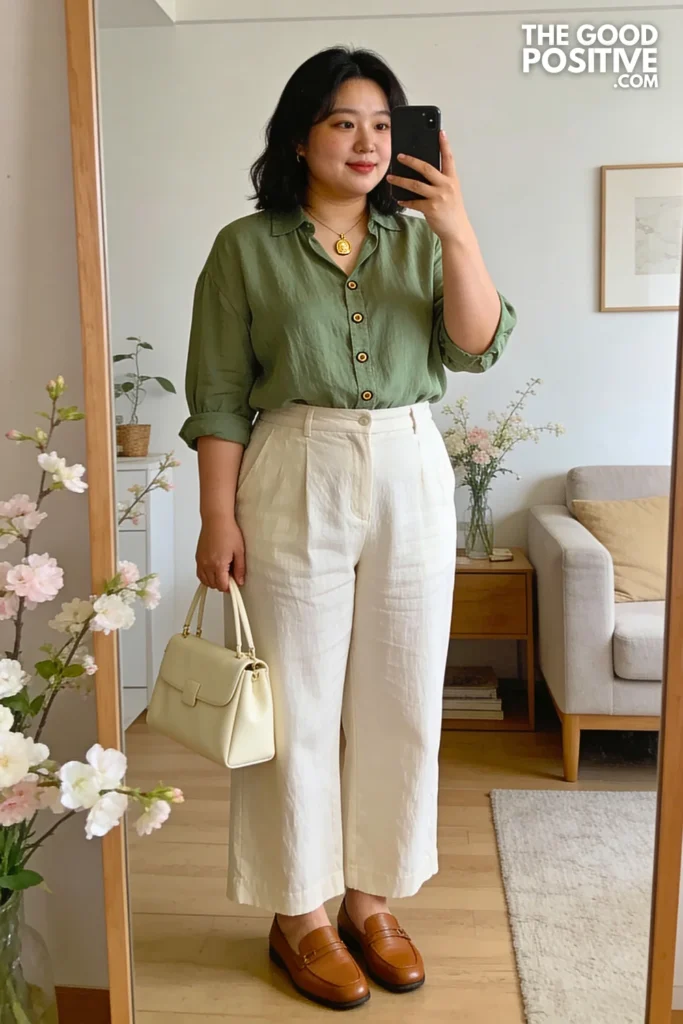 Plus Size Sage Green Cotton Blouse Tucked Into Cream Linen Trousers Outfit