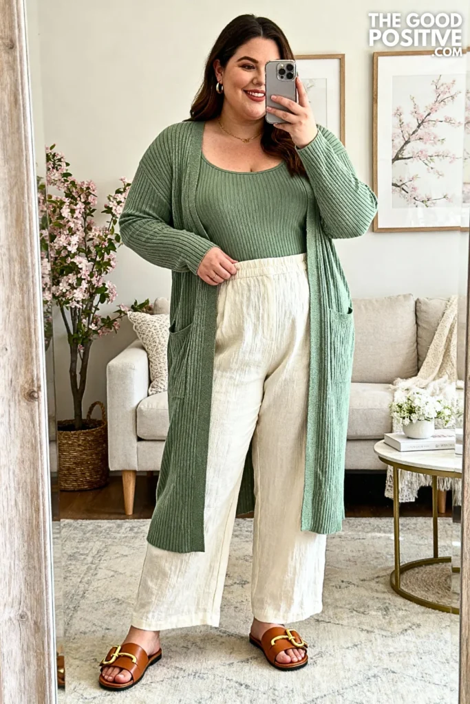 Plus Size Sage Green Knit Cardigan Set Outfit
