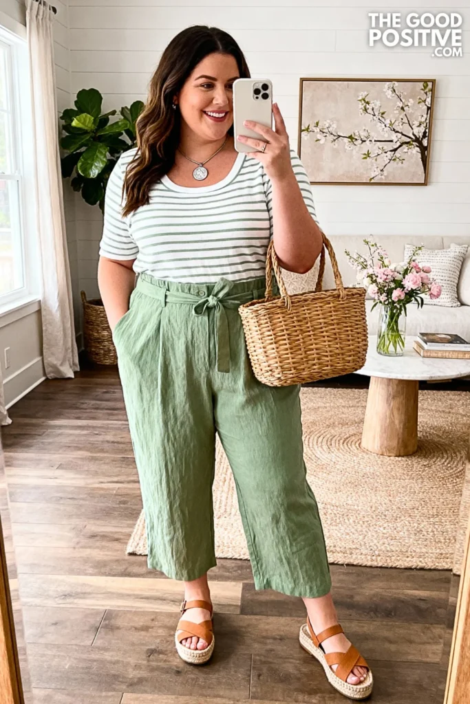 Plus Size Sage Green Linen Pants With Striped Boatneck Top Outfit