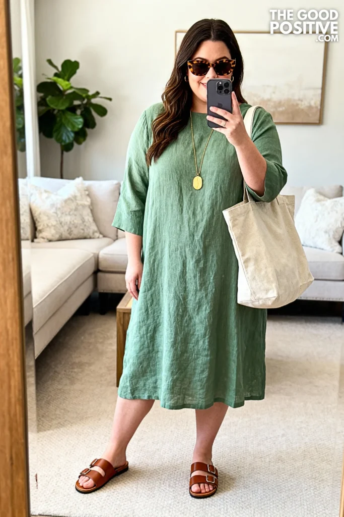 Plus Size Sage Green Linen Shift Dress Outfit