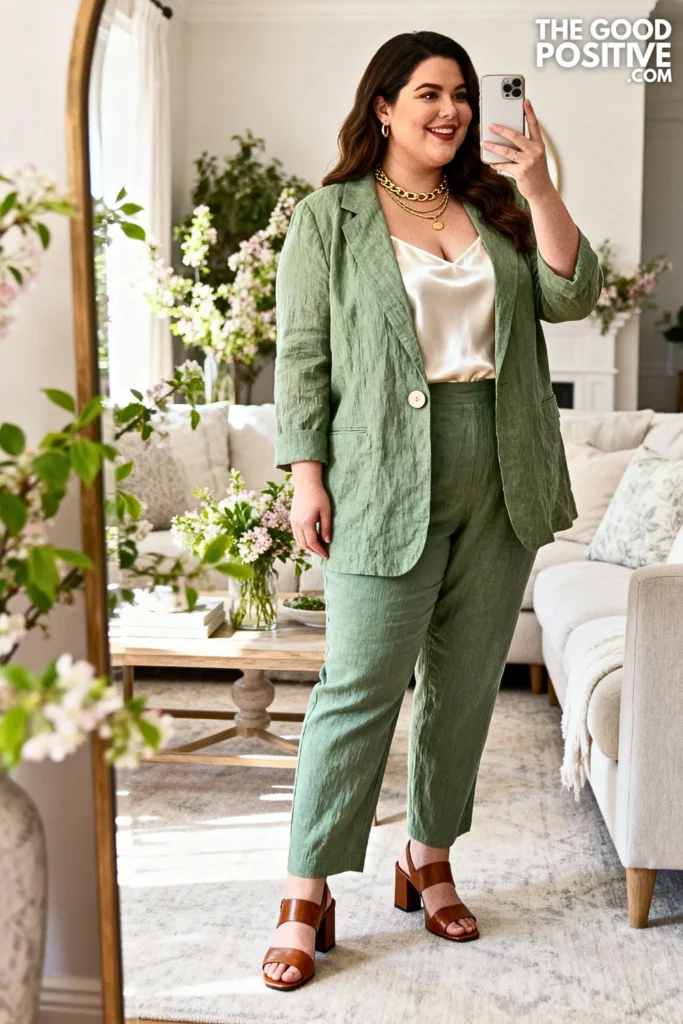 Plus Size Sage Green Linen Suit with Camisole Outfit