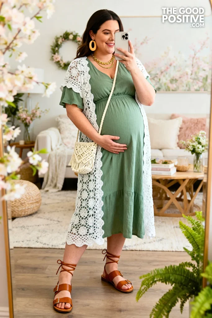 Plus Size Sage Green Maternity Dress with Crochet Overlay Outfit