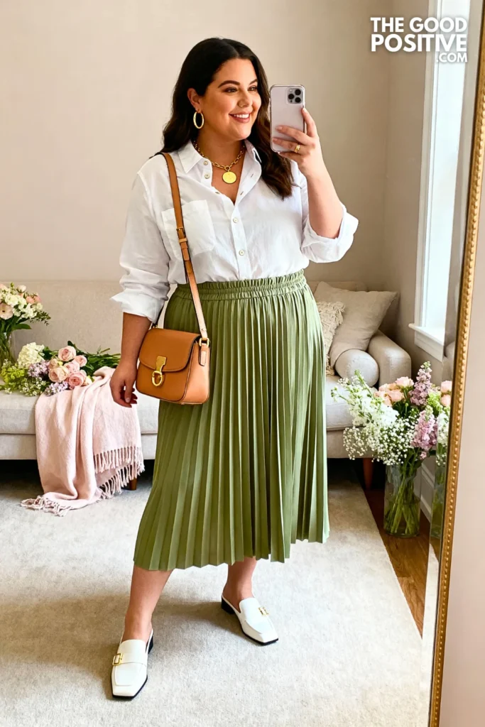 Plus Size Sage Green Midi Skirt With Crisp White Shirt Outfit