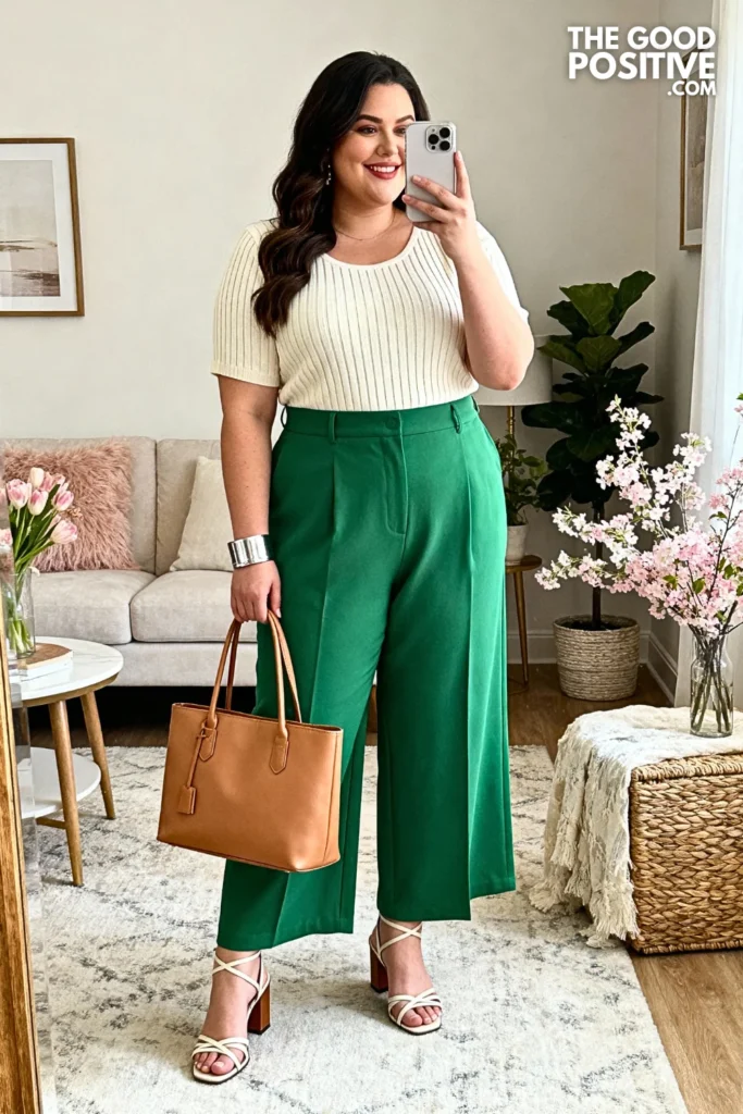 Plus Size Sage Green Wide-Leg Pants With Cream Knit Top Outfit