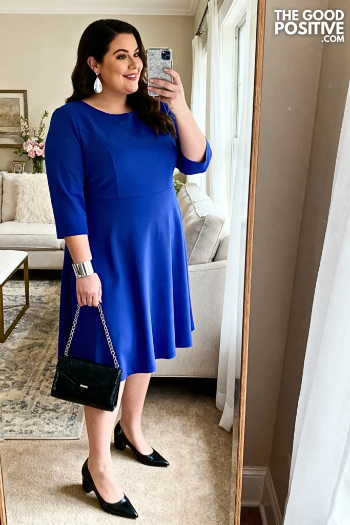 Plus Size Sapphire Blue Fit-and-Flare Midi Dress Outfit