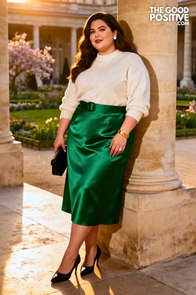 Plus Size Satin Slip Skirt With Cashmere Sweater Outfit