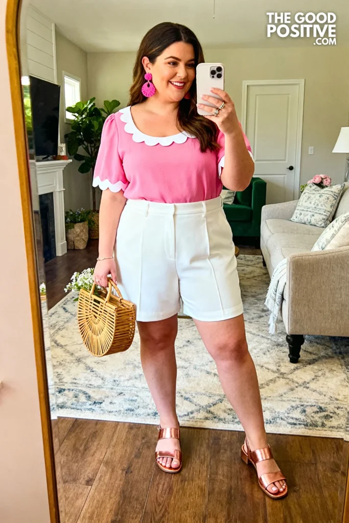 Plus Size Scalloped Edge Top With Bermuda Shorts Outfit