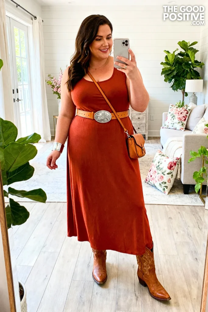Plus Size Scoop Neck Maxi Dress With Western Belt Outfit