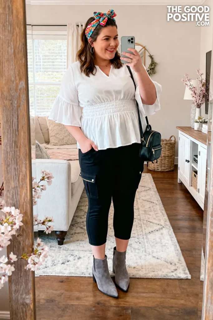 Plus Size Smocked Waist Top With Capri Leggings Outfit