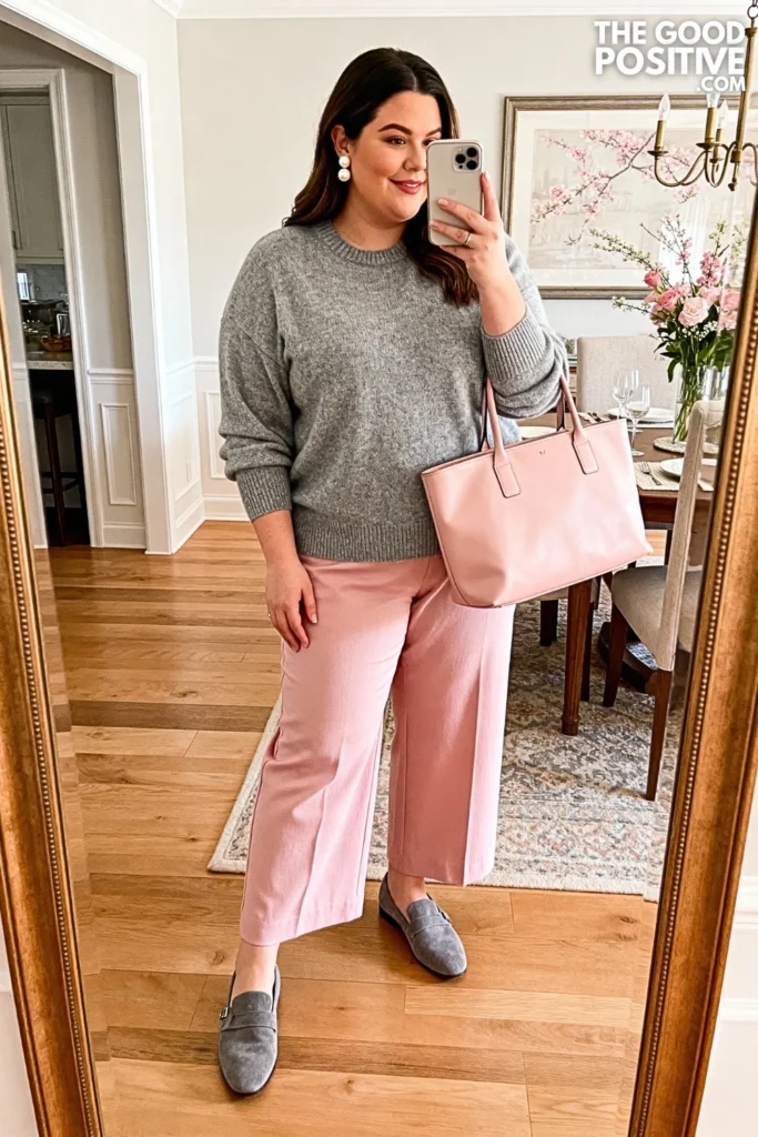 Plus Size Soft Pink Pants With Gray Cashmere Sweater Outfit