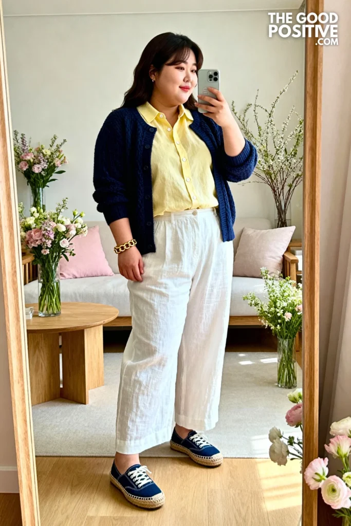Plus Size Soft Yellow Blouse With Navy Cardigan And White Linen Pants Outfit