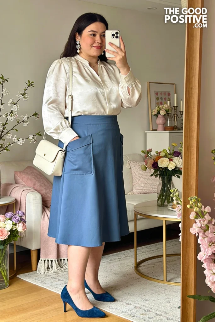 Plus Size Steel Blue Midi Skirt With Ivory Silk Blouse Outfit
