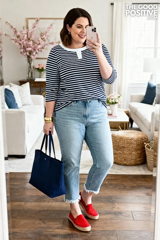 Plus Size Striped Boat Neck Top and Cropped Jeans Outfit