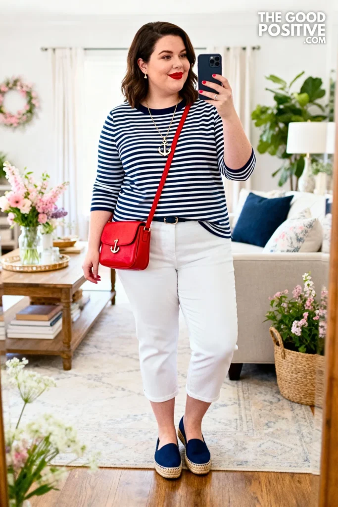 Plus Size Striped Boatneck Top With Capri Pants Outfit