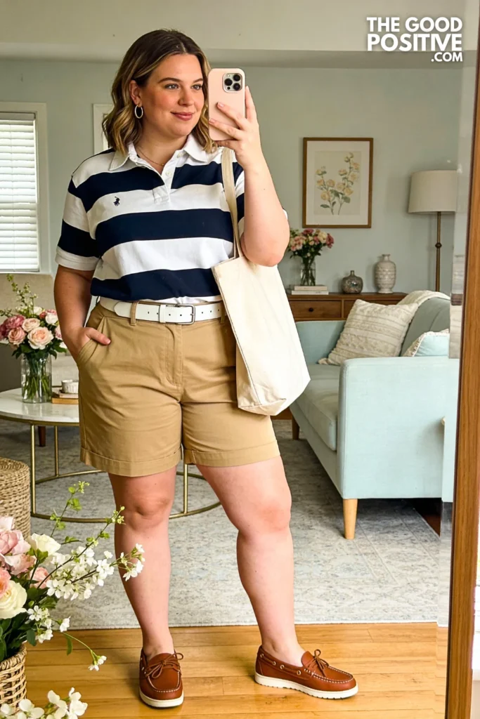Plus Size Striped Rugby Shirt With Chino Shorts Outfit