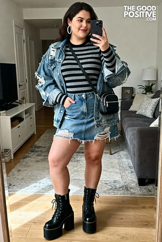 Plus Size Striped Tee and Denim Skirt Outfit